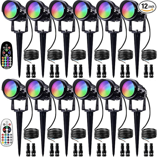 SUNVIE RGB Halloween Low Voltage Landscape Lights Color Changing 12W LED Landscape Lighting Outdoor Waterproof Remote Control for Garden Pathway Christmas Decorative Lighting, 12 Pack with Connector