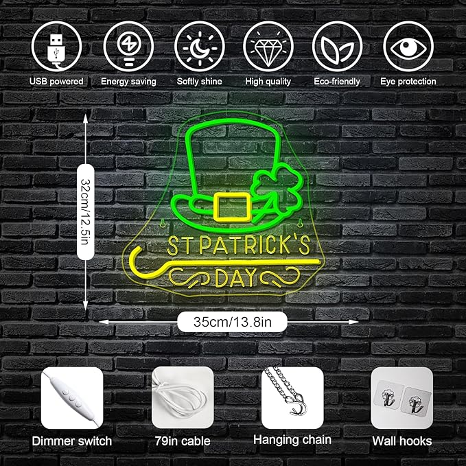 Horseneon St Patricks Day Neon Sign Shamrock Neon Light LED Signs St Patricks Day Decorations Dimmable Green Gold Colors for Wall Art Bedroom Living Room Home Bar Decor