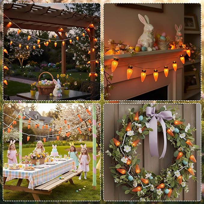 WILLBOND 2 Pack Easter Carrot Lights String 14.5ft 20-Count Orange Carrot Shaped Bunny Fairy Lights Battery Operated with 2AA Battery Box for Indoor Outdoor Easter Spring Party Decor