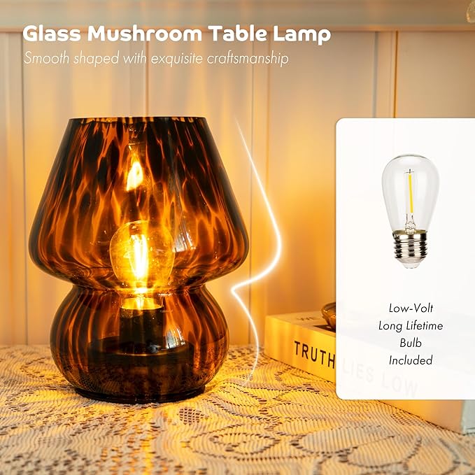Battery Operated Mushroom Lamp - Vintage Small Table Lamp with Timer, Cordless Bedside Nightstand Lamp, Glass Battery Powered Lamp for Bedroom Kitchen Living Room Shelf Decor Aesthetic Amber
