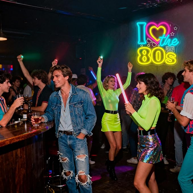 I Love The 80's Neon Sign for Wall Decor Dimmable 80's Theme LED Neon Light for Party Decor Vintage Radio Music Background for Bar Party Disco Birthday Music Studio Heart Signs Size 13.3*13in(GLNP235)