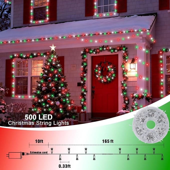 QITONG Red White Green Outdoor String Light, 165ft 500 LED Christmas Lights with 8 Modes, Clear Wire Twinkle Xmas Light Indoor Plug-in