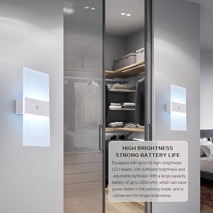 LED Dimmable Wall Sconces 2Pack,2200Mah Battery Operated Motion Sensor Magnetic Modern Wireless Wall Lamp with Button Switch Cold White for Bedroom Living Room Hallway