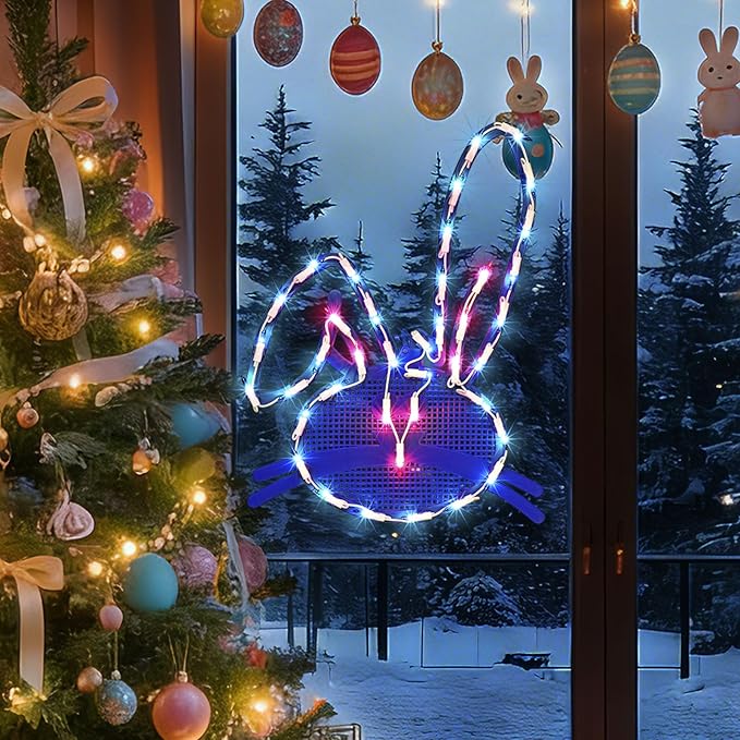 17" 40LED Lighted Blue Bunny Easter Decor - UL Certified, Gentle Warm Glow, Window & Hanging Decor, Cozy Mantel Accent, Delicate Gift Box Packed
