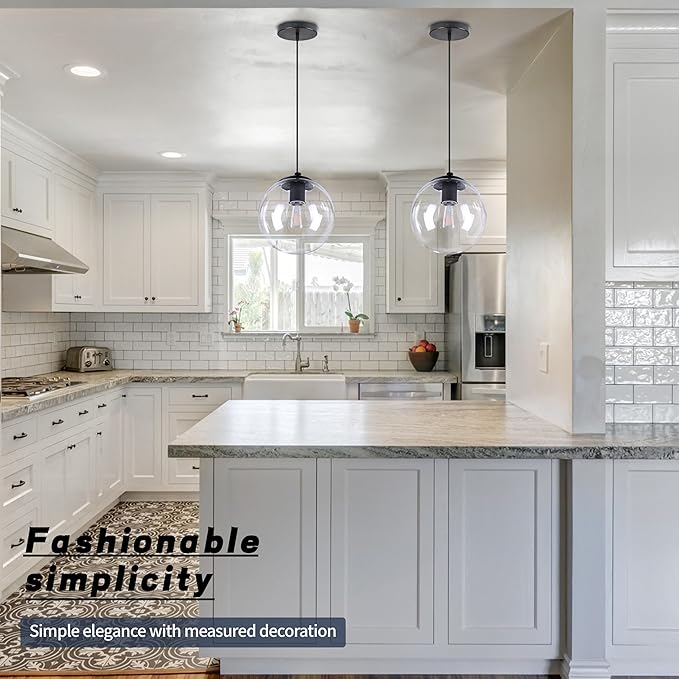 KoKo&Yukina 10" Globe Pendant Light Black Mid Century Pendant Light Mid Century Adjustable Hanging Light Fixture Matte Black Finished with Clear Glass Lampshade for Dining Room Bedroom Kitchen Island