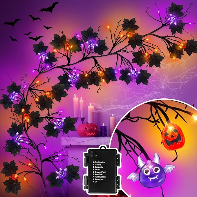Halloween Garland with Lights, 6FT 54 LED Pumpkin Bat Willow Vine Twig Light Orange Purple Indoor Halloween Lights Decorations, 8 Modes Mansion Fireplace Wall Halloweens Light Up Garland for Mantle