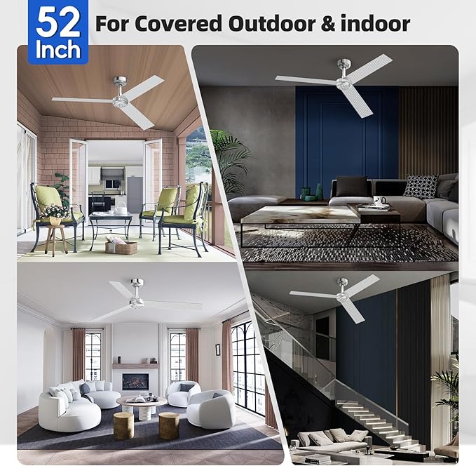 TALOYA 52 inch Modern Ceiling Fan with Lights,Remote Control,3 Metal Blades,Silver Finish,6-Speed,Dimmable, Noiseless Reversible DC Motor,Indoor/Outdoor Ceiling Fan for Living Room Bedroom patio