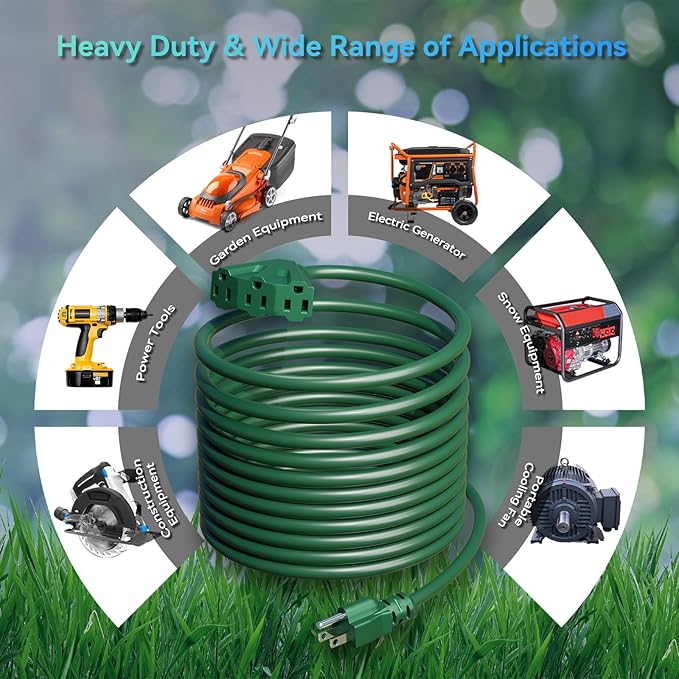 K KASONIC - 100 Ft Extension Cord with 3 Outlets, UL Listed 16/3 SJTW 3-Wire Grounded, 10A 125V 1625W for Indoor/Outdoor Use - Green