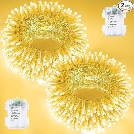 2 Pack Christmas String Lights Battery Operated with Timer, 66FT 200 LED Waterproof Twinkle Lights, 8 Modes Fairy Light for Indoor and Outdoor Bedroom Garland Tree Christmas Decorations (Warm White)