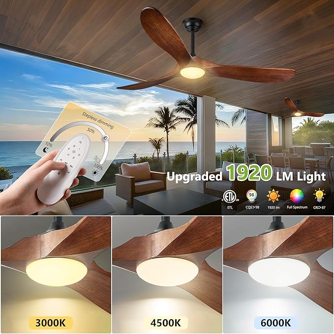 Haipeel 52 Inch Outdoor Ceiling Fans with Lights, Propeller Solid Wood Ceiling Fan with Light and Remote Control 3 Blades Outdoor Fans Quiet for Patios Farmhouse Bedroom, Dark Walnut
