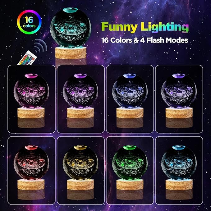 3D Solar System Crystal Ball Night Light 3.15 inch Galaxy Planet Glass Ball Lamp with 16 Color Change Wooden Base and Remote Control Astronomy Space Gifts for Kids Friend Birthday Christmas Room Decor