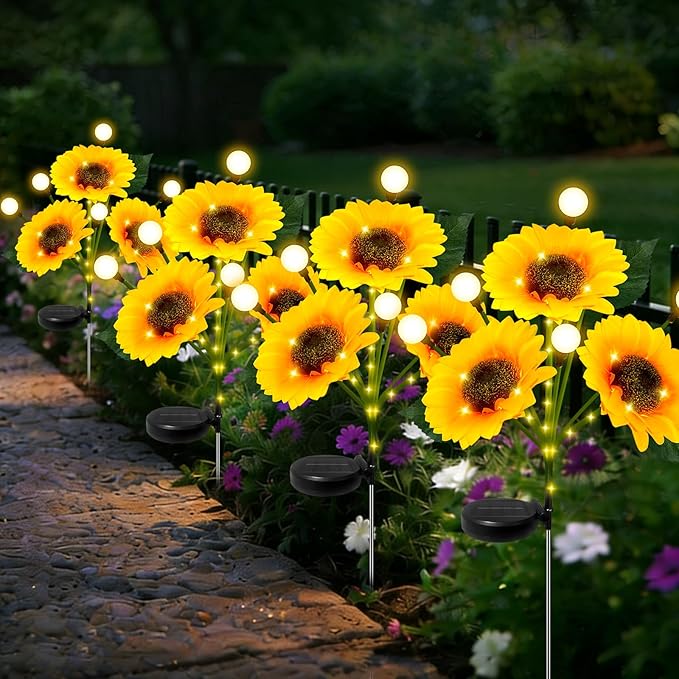 Sunflower Solar Lights Outdoor, 4 Pack Sunflowers with Firefly Lights, Waterproof Solar Flower Lights with 1000mAh Battery for Patio Porch Lawn, Gifts for Mom Women Grandma, Yard Decorations Outdoor