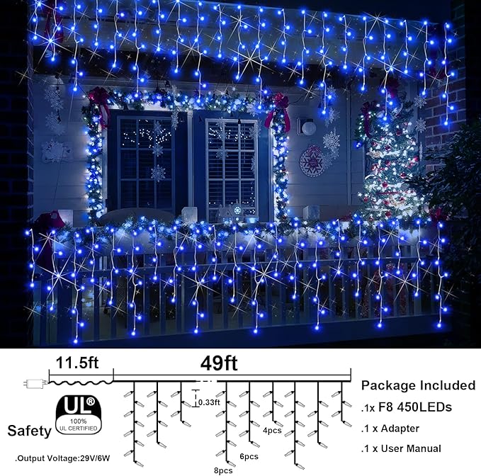 Christmas Lights Outdoor, 49FT 450 LED Ice Lights for Outside, Ice String Lights with 8 Modes, Waterproof Timer Memory Hanging Light for Eaves Party Yard Garden(Blue)