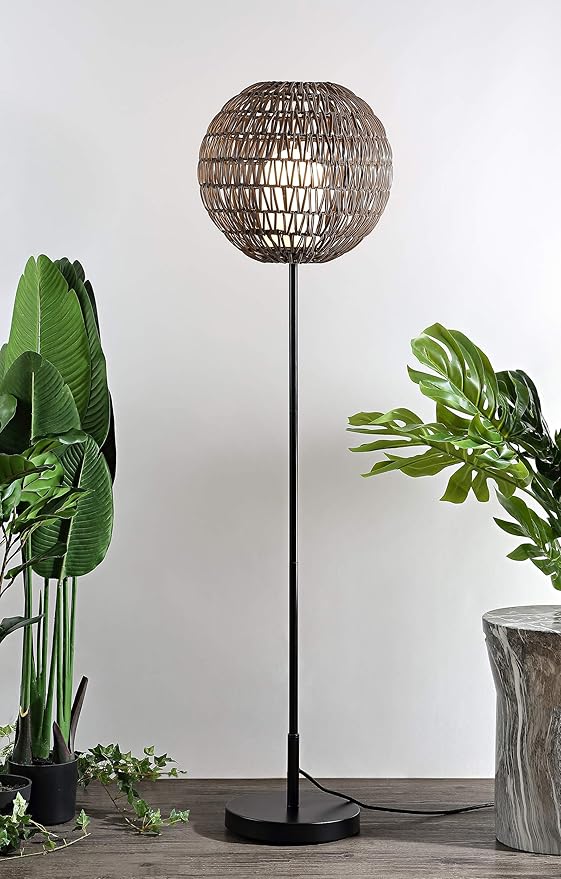 JONATHAN Y 61" Coffee/Black Outdoor Woven Globe LED Floor Lamp, Bohemian Modern Wicker Style Lantern for Patio, Porch and Backyard, Iron Frame, LED Bulb Included JYL6507A