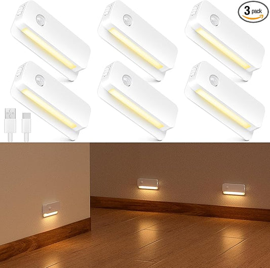 6 Pack Motion Sensor Night Light, Rechargeable Stair Lights Indoor, Warm White Motion Sensor Light Indoor, Battery Operated Night Light for Hallway, Stairway, Bathroom, Bedroom, Kitchen