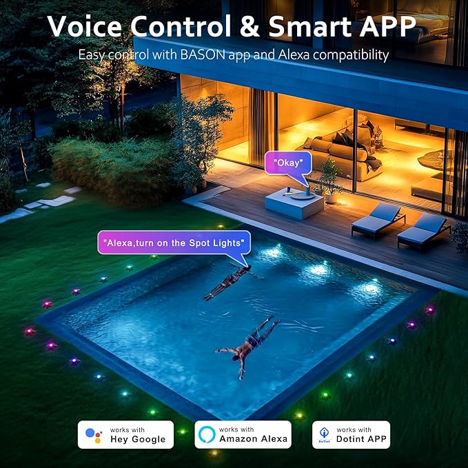 BASON LIGHTING Smart Submersible Pool Lights with App Control, RGBW 16 Million Colors, Music Sync, WiFi & Alexa/Google Voice - for Inground/Above Ground Pools, Aquariums, Ponds, Parties (4-Pack)