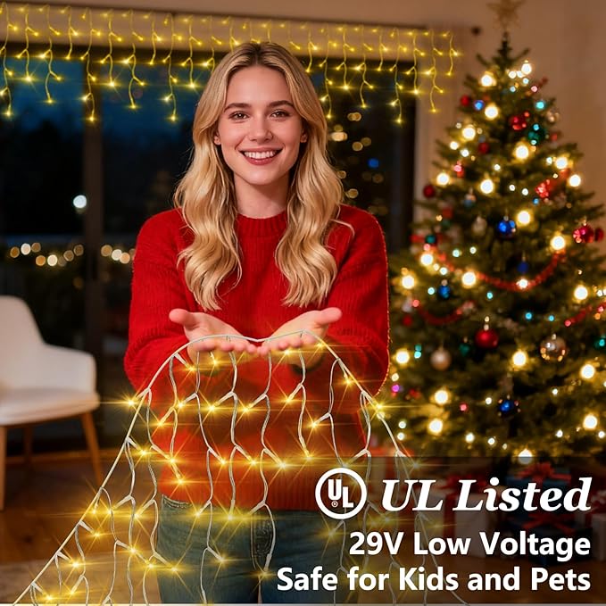 612 LED String lights Indoor Outdoor, 60ft Christmas Window Lights with 136 Drops 12 Modes, Dimmable Curtain Lights, Fairy Lights for Bedroom Holiday Wedding Party Home Xmas Decorations, Warm White