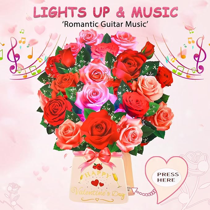 Pop Up Valentine’s Day Card with Light & Music, 12 Inch Paper 3D Rose Bouquet Greeting Card with Envelop, Happy Valentines Day Cards for Wife, Popup Valentines Day Card Gifts for Her Women Girlfriend