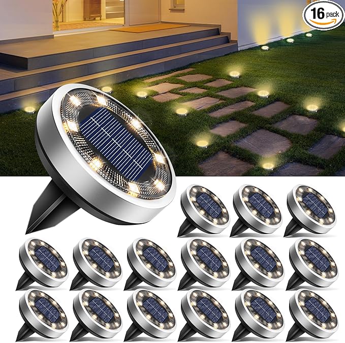 btfarm 16 Pack Solar Lights Outdoor, 8 LED Solar Ground Lights IP65 Waterproof Flat Solar Disc Light, Pathway Lights for Garden Lawn Patio Yard Path Landscape, Warm White