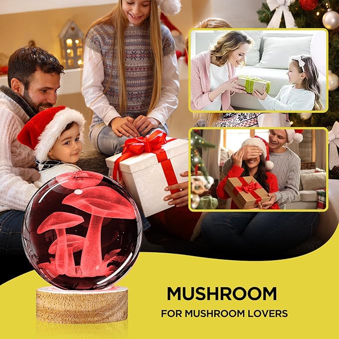 Mushroom Crystal Ball Night Light - 3.15 inch Glass Ball Lamp with 16 Color Changing Wooden Base and Remote - Ideal Gifts for Friends, Kids, Christmas, Birthday - Cute Mushroom Decor