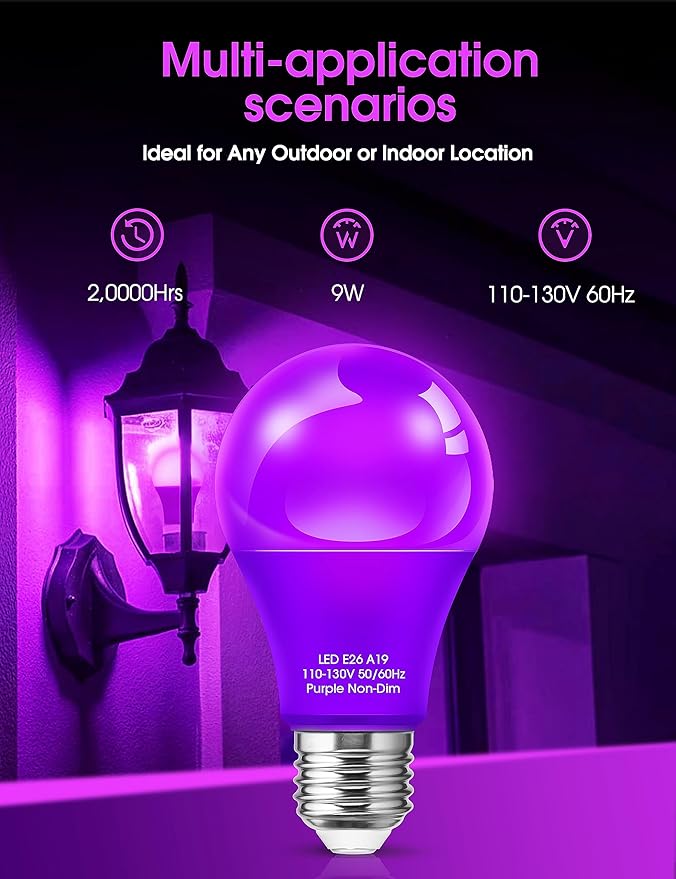 Purple Light Bulbs,4 Pack LED A19 Black Light Bulbs 9W (60 Watt Equivalent) E26 Base Party Decoration, Porch, Home Lighting, Holiday Lighting, Decorative Illumination Purple LED Bulb