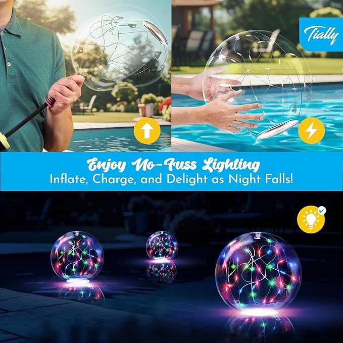 TIALLY Fairy Solar Floating Pool Lights - 14" Inflatable LED Pool Lights for Inground Pool, Waterproof Pool Lights that Float, Pool Decorations Outdoor, Best Gifts for Pool Owners, 4 Pack