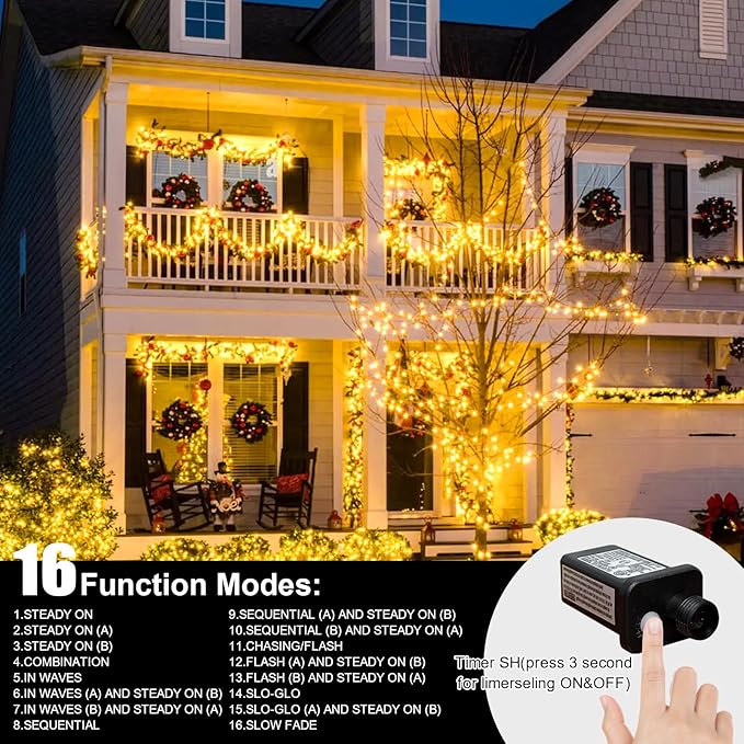 LAMPHOME 165ft Christmas Decorative Mini Lights, 500 LED Transparent Wire Fairy Starry String Light Plug in, 16Lighting Modes for Indoor Outdoor Xmas Tree Wedding Party Decoration (Yellow)
