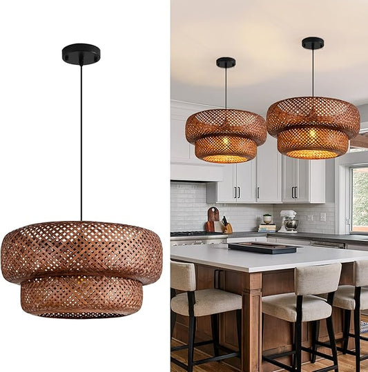 Bamboo Pendant Light,Dark Curry Boho Rattan Hanging Light,17.7" Hand Woven Wicker Chandelier for Kitchen Island for Kitchen Island Dining Bedroom Living Room Restaurants