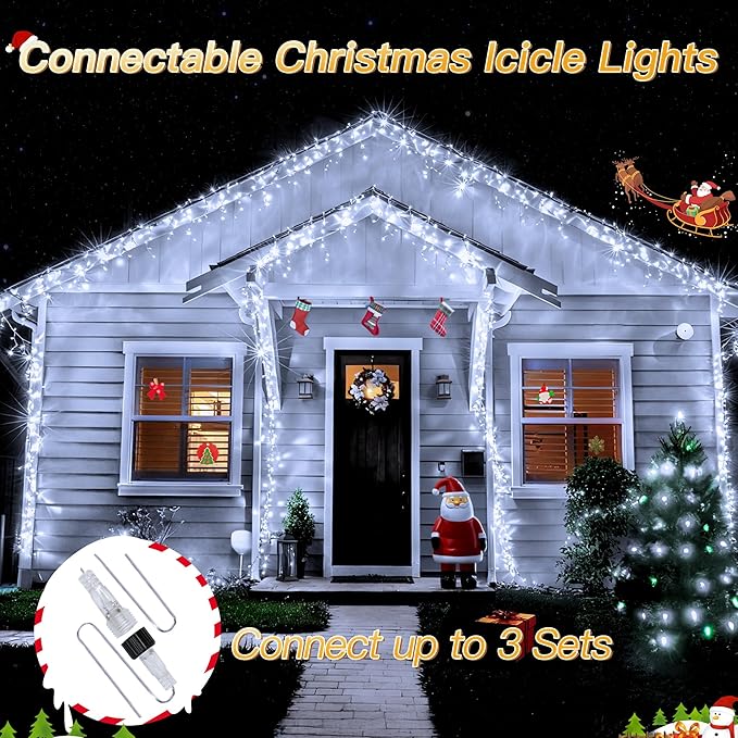 Icicle Lights for Outside, 216LED 24FT Waterproof Christmas Light Outdoor with 8 Modes & Timer, Connectable Christmas Icicle Lights for Eaves House Yard Indoor Outdoor Holiday Decoration(Cool White)