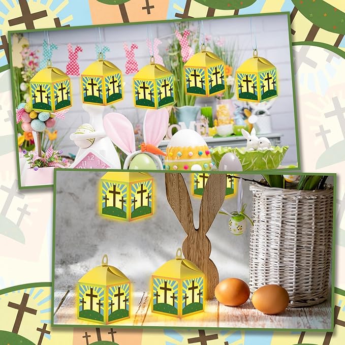 24 Sets Easter Crafts with LED Candle Light He is Risen Tissue Paper Resurrection Craft DIY VBS Christ Suncatchers Lanterns Hanging for Fun Home Activities Sunday School Christian Decoration