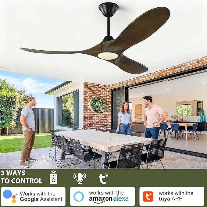70 Inch Outdoor Smart Ceiling Fans with Lights, Rustic Farmhouse Ceiling Fan Large Airflow 3 Blade Wood Propeller, Damp Rated, Voice/App/Remote Control, Quiet DC Ceiling Fan for Patios Porch Garage