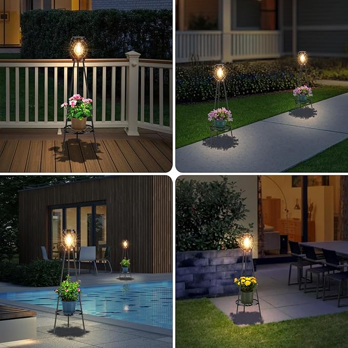 MXwcy 2 Pack Solar Lights Outdoor with LED Edison Bulbs, Vintage Style Solar Floor Lamp with Plant Stands, Weatherproof Garden Lights for Pathway, Patio, Yard, Porch Decor 8-10 Hours Lighting