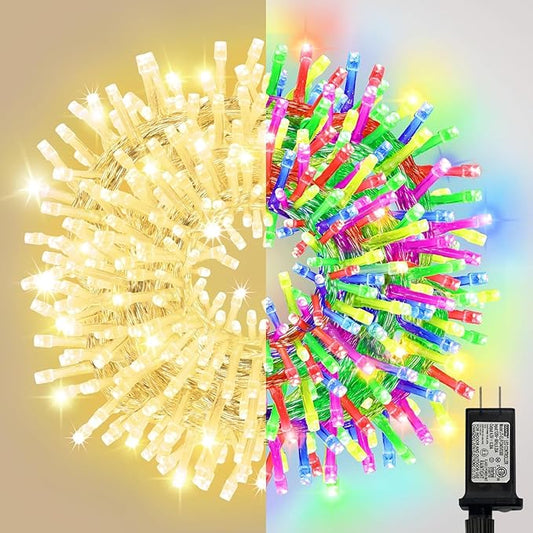 99ft Christmas Decorative Mini Lights, 300 LED Transparent Wire Fairy Starry String Light Plug in, 16Lighting Modes for Indoor Outdoor Xmas Tree Wedding Party Decoration (Warm White and Multicolor)