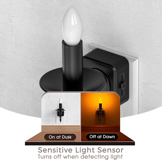 Briignite Flameless Candle Night Lights Plug into Wall, Amber LED Night Light with Dusk to Dawn Sensor, 0-100LM Dimmable Plug in Chandelier Night Light for Kids, Hallway, Bathroom, Bedroom