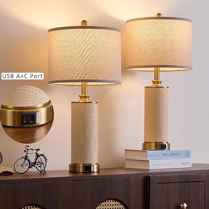 Gold Boho Farmhouse Rattan Table Lamps set of 2, Touch Control desk Lamps, 3 Way Dimmable Grass Rope Large BedsideTable Lamp with Usb A+C for Living Room/Bedroom/Office(2 LED Bulbs Included)