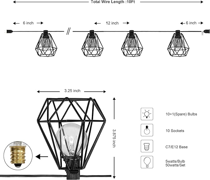 JONATHAN Y JYL8705A Indoor Outdoor Contemporary Transitional Incandescent G40 Diamond Cage String Lights Garden Patio Backyard Porch Balcony, 10 ft. 10-Light, Black