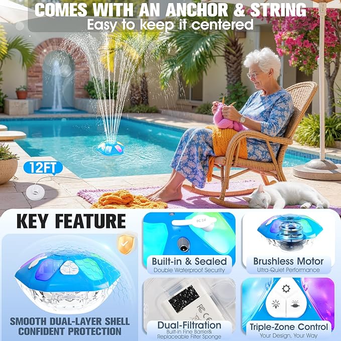 2026 Upgraded Pool Fountain,9000mah Rechargeable Floating Pool Fountain with Light Show,Above Ground Pool Water Fountain Pump with Anchor,Large Floting Fountain for Inground Pool-1PC（Light Blue