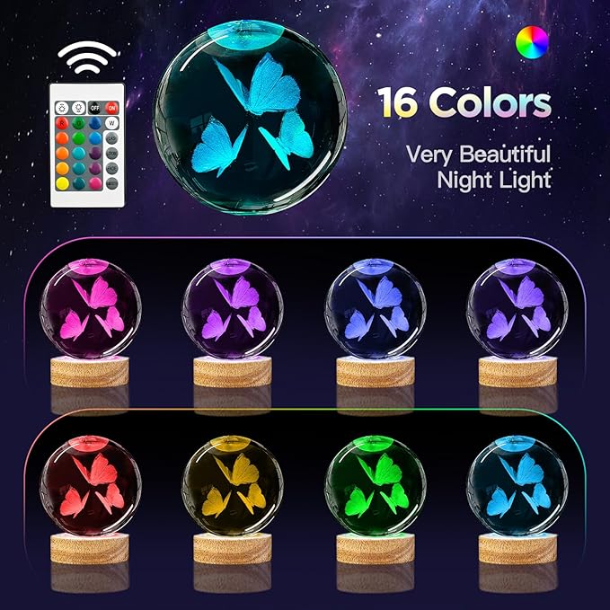 3D Butterfly Crystal Ball Night Light with Woodern Base, 3.15" Butterfly Figurine Glass Lamp with 16 Colors Cute Desk Decor for Home Butterfly Gifts for Women Kids Friends