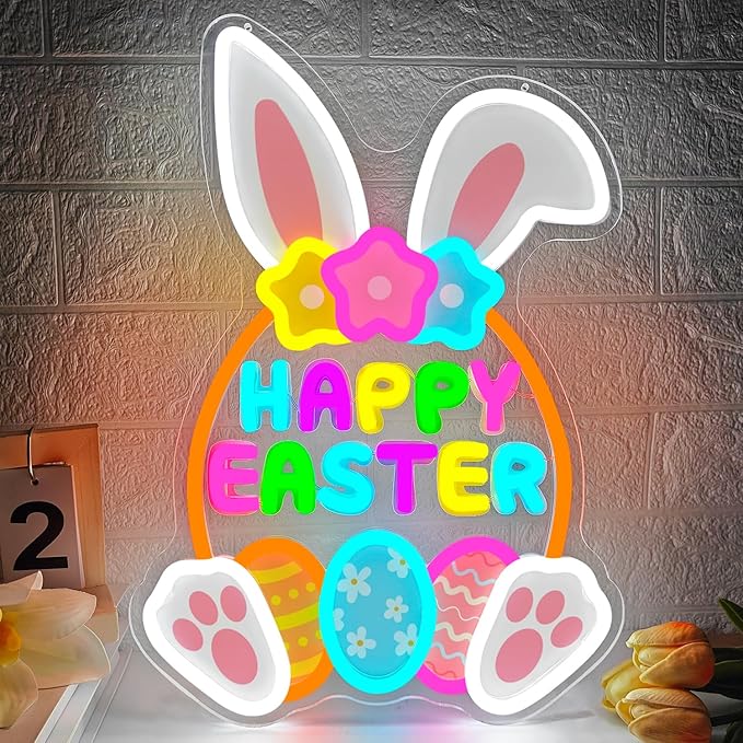 Happy Easter Neon Sign for Wall Bunny Neon Light for Bedroom Door Dimmable Eggs Led Sign Light Up Basket Sign for Shop Home Office Easter Decorations Neon Wall Art Gifts for Family