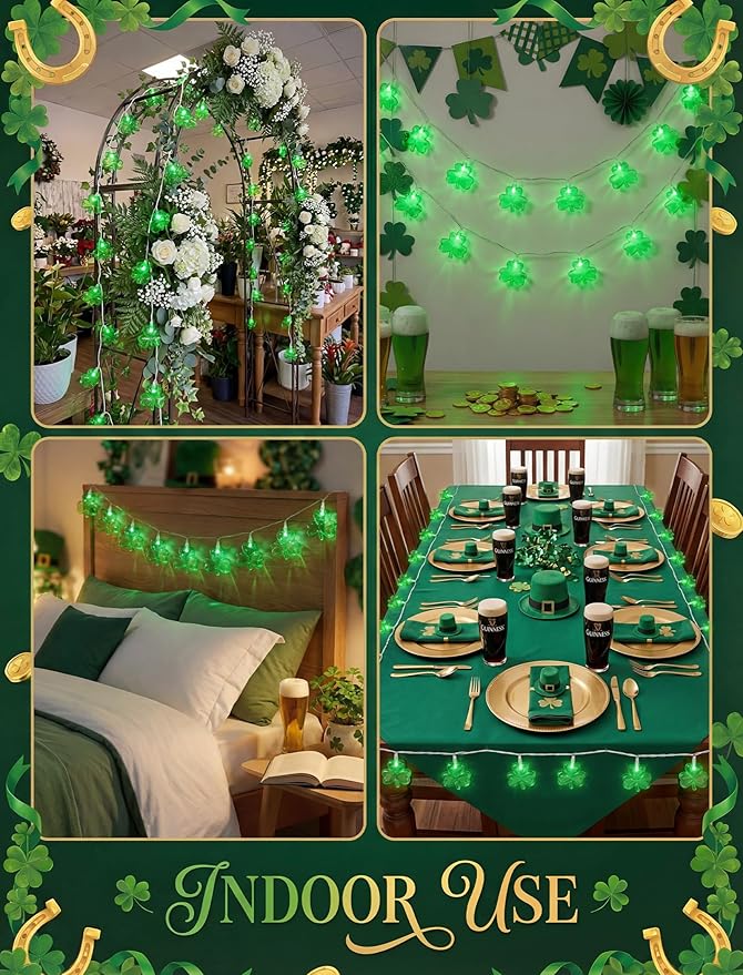 Outdoor St. Patrick's Day String Lights, 8.5Ft St. Patrick Decoration Lights with 10 Clover Lights, Plug in Shamrocks Lights Indoor for Garden Bedroom Birthday, Green Clover Decor