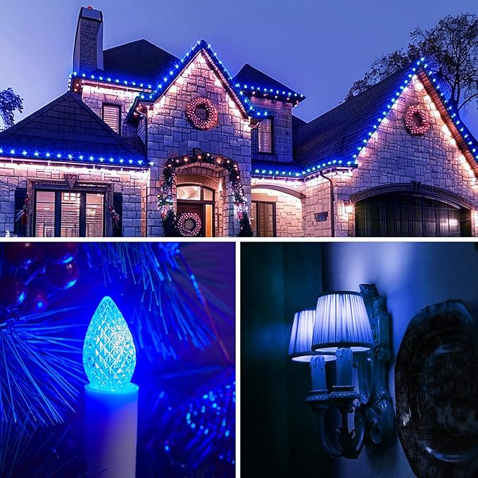 Minetom 25 Pack C7 LED Christmas Lights Bulbs, Shatterproof Replacement for String Lights, E12 Candelabra Base, Commercial Grade Dimmable Holiday Bulbs, Blue