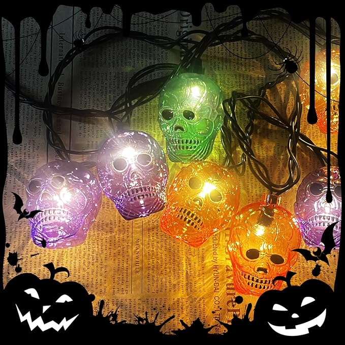 Halloween Skeleton Lights,8.5Ft Halloween Skull Lights with 10 LED Orange Purple Green Skeleton Lamp Waterproof UL Listed for Indoor Bedroom Patio Doors, Windows, Porches, Halloween Party Decor