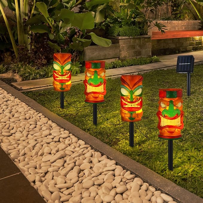 4 Pcs Tiki Solar Light Decor Waterproof Tiki Statues for Outdoor Hawaiian Party Solar Light for Luau Birthday Party Tropical Bar Christmas Garden Yard Decor(Cute)