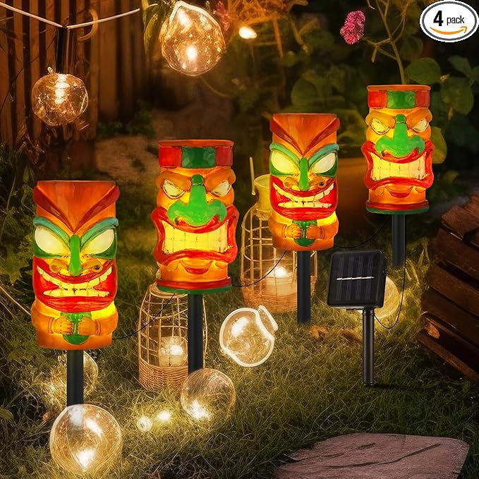 4 Pcs Tiki Solar Light Decor Waterproof Tiki Statues for Outdoor Hawaiian Party Solar Light for Luau Birthday Party Tropical Bar Christmas Garden Yard Decor(Cute)