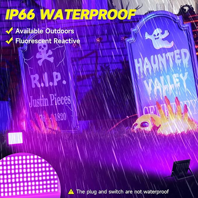 2 Pack 300W LED Black Light, IP66 Waterproof Outdoor Blacklight Flood Light Spotlight with Plug, Switch, Cord for Neon Glow Party Fluorescent Poster Body Paint Stage Lighting Halloween Decor