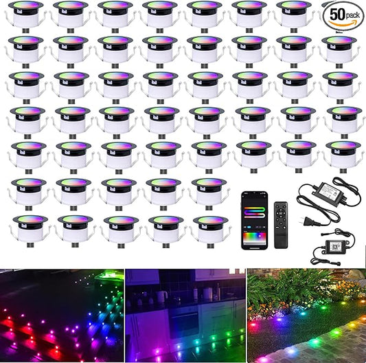LED Deck Lights Kit 50 Pack, 1.22" Low Voltage WiFi RGBW+IC Multicolor Dynamic Recessed Deck Lighting Work with Alexa/Google Home, IP67 Waterproof 12V Step Lights Outdoor for Garden Yard Path Stairs