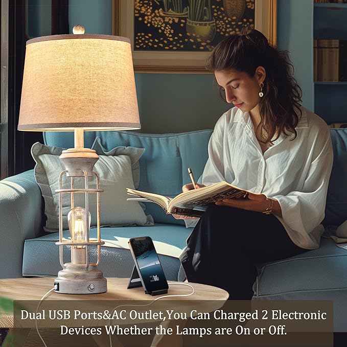 28" Farmhouse Table Lamp Set of 2 with USB Charging Ports, Tall Table Lamp for Living Room,3-Way Dimmable Lamps for Bedroom, Rustic Bedside Lamp, Industrial Nightstand Lamps,Bulbs Included