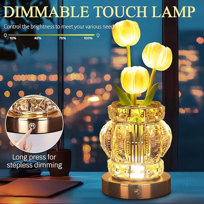 Tulip Table Lamp, Rechargeable Cordless Touch Dimming Artificial Tulip Flower Desk Lamp, LED Crystal Lamp Flower Bedside Night Light, Romantic Gifts for Girl Women Mom (White - Tulip)