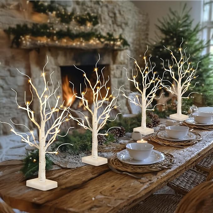 EAMBRITE Birch Tree with LED Lights for Christmas Decorations Indoor, Lighted Tabletop Tree 22 in 24 LED White Twig Battery Operated Mini Small Artificial Trees for Home Table Centerpiece Mantel 4pcs