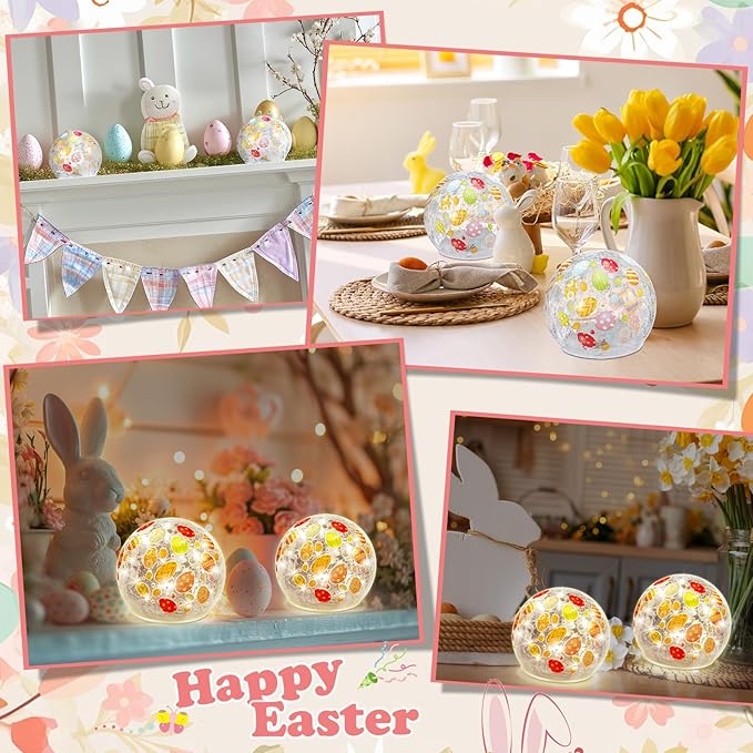4 Pcs Easter Lighted Decorative Glass Ball 3.9inch Easter Egg Crackle LED Lights for Tabletop Decoration Globe Lamp Battery Operated for Holiday Indoor Party Table Gift